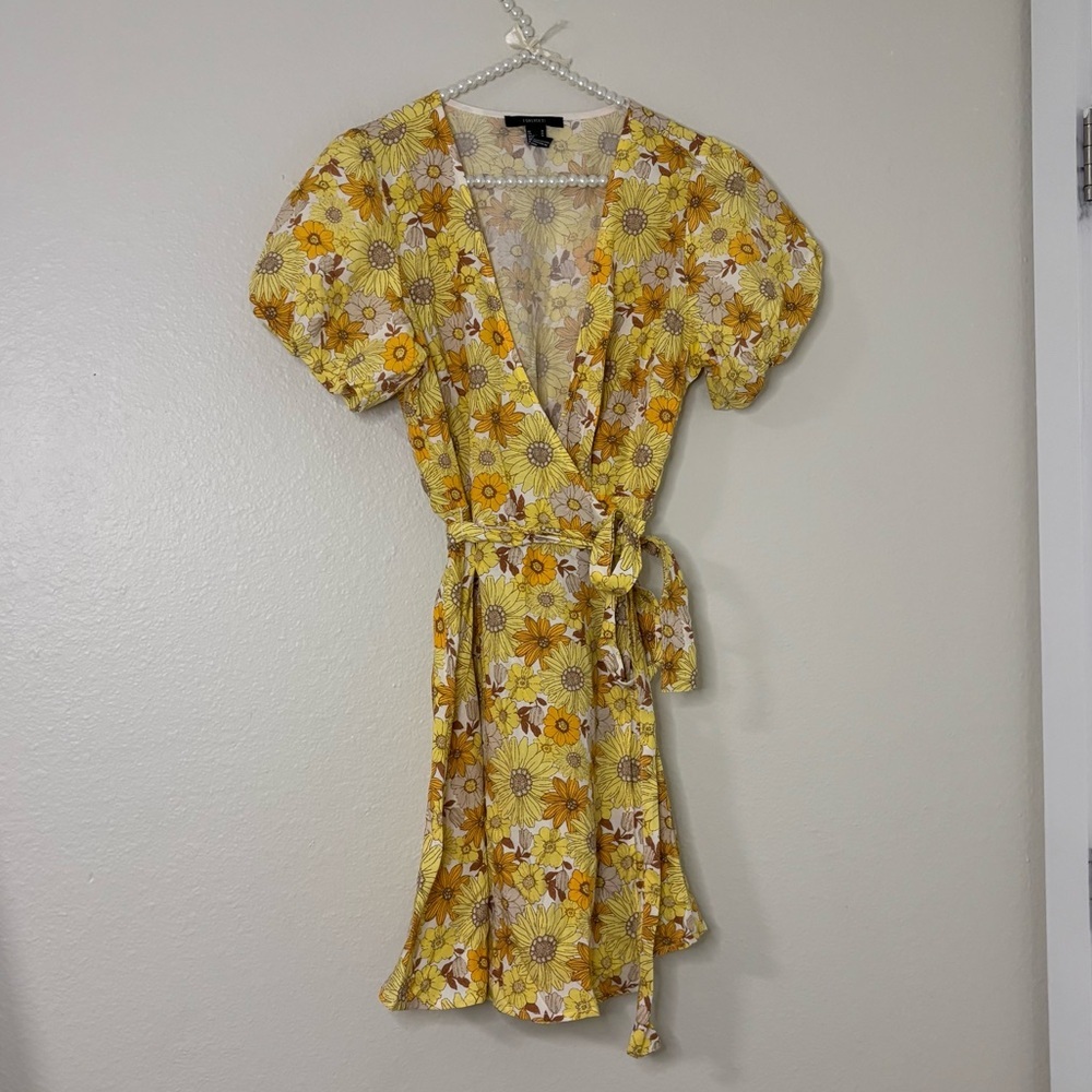 Forever 21 Women Yellow Sunflower Wrap Mini Dress - Picture 7 of 10